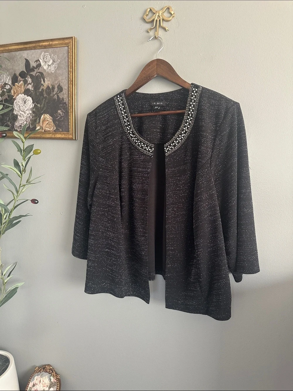 Le Bos 20W Black Metallic Beaded Evening Jacket Open Front Plus Size
